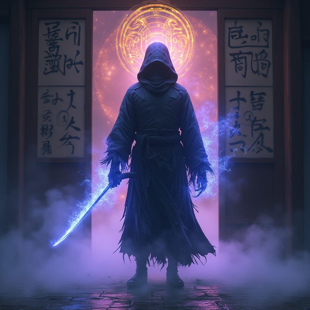 Spectral Samurai Guards Mystical Realm in Cyberpunk-Style Fa...