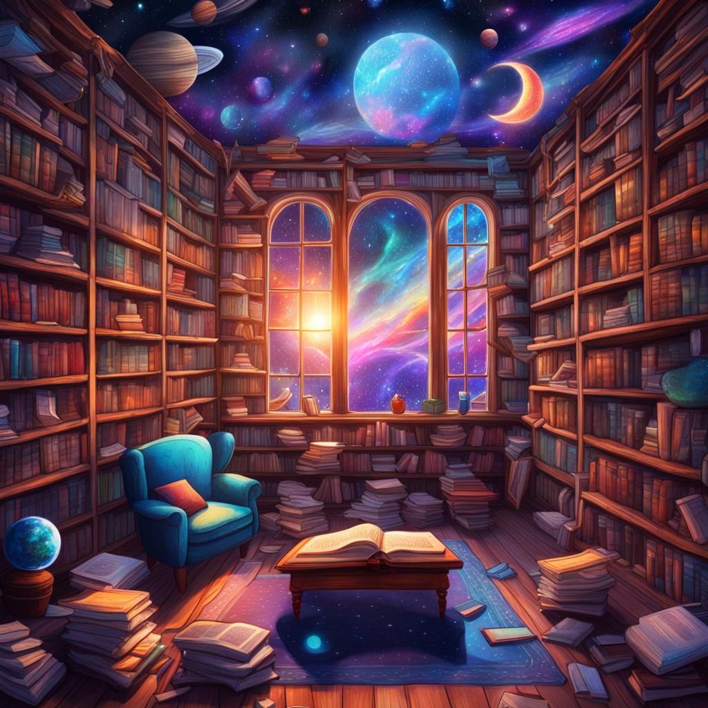 Cozy Room with Bookshelves in Astral Illustration Style