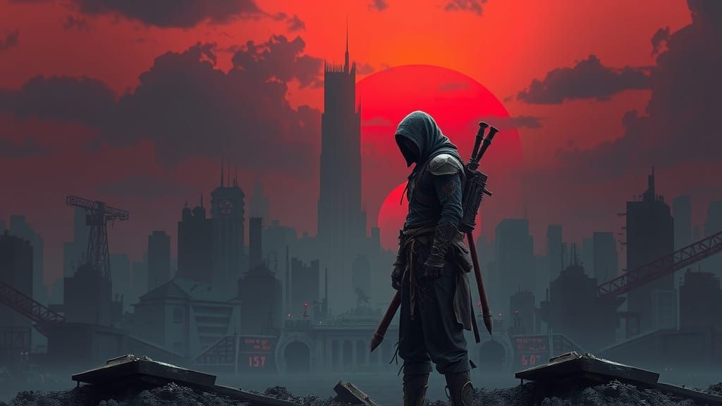 Post-Apocalyptic Warrior in Dark Fantasy Landscape