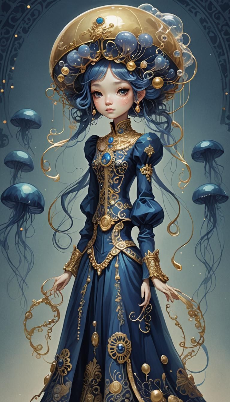 Adorable Jellyfish Princess in Indigo and Brass