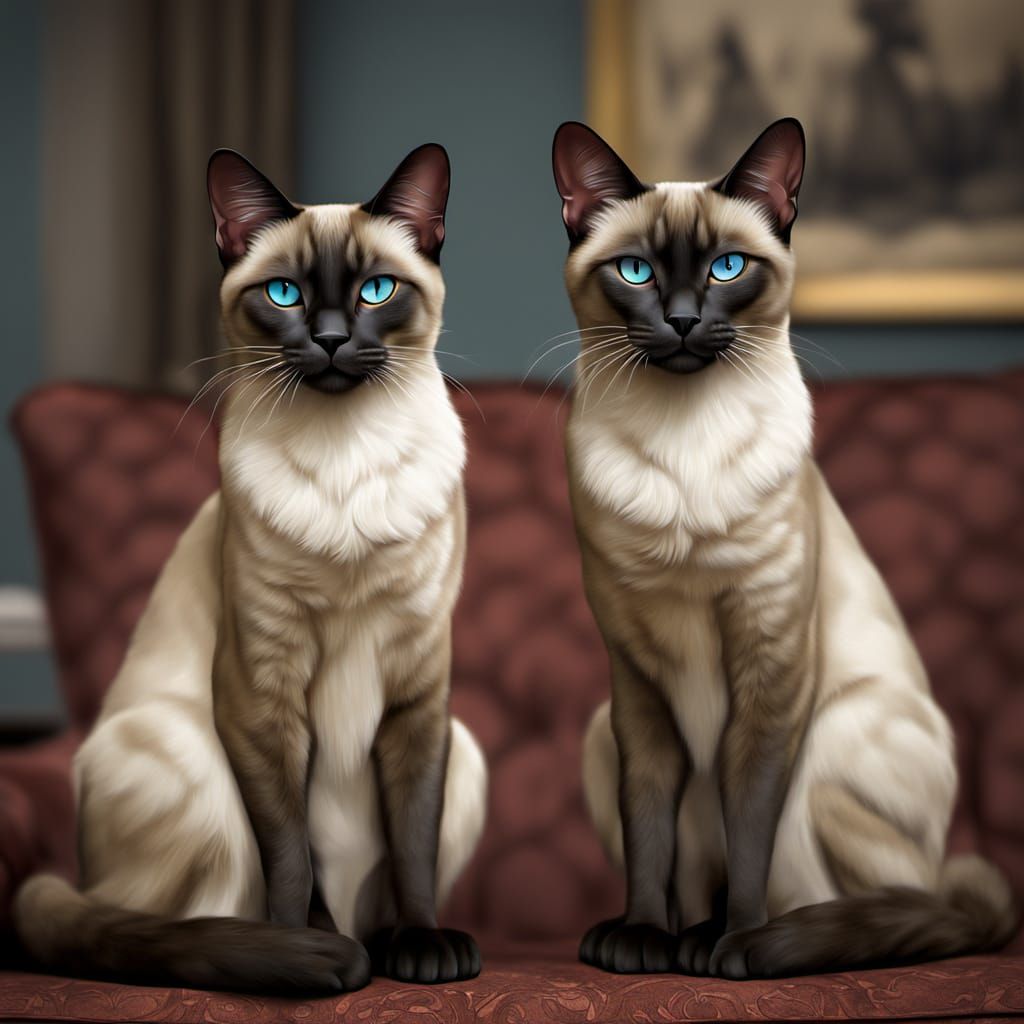 Surreal Siamese Cats Prowl a Dark Living Room