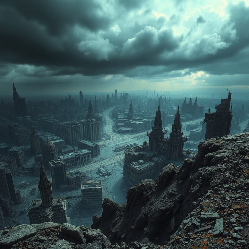 Post-Apocalyptic Metropolis Under Dark Ominous Skies
