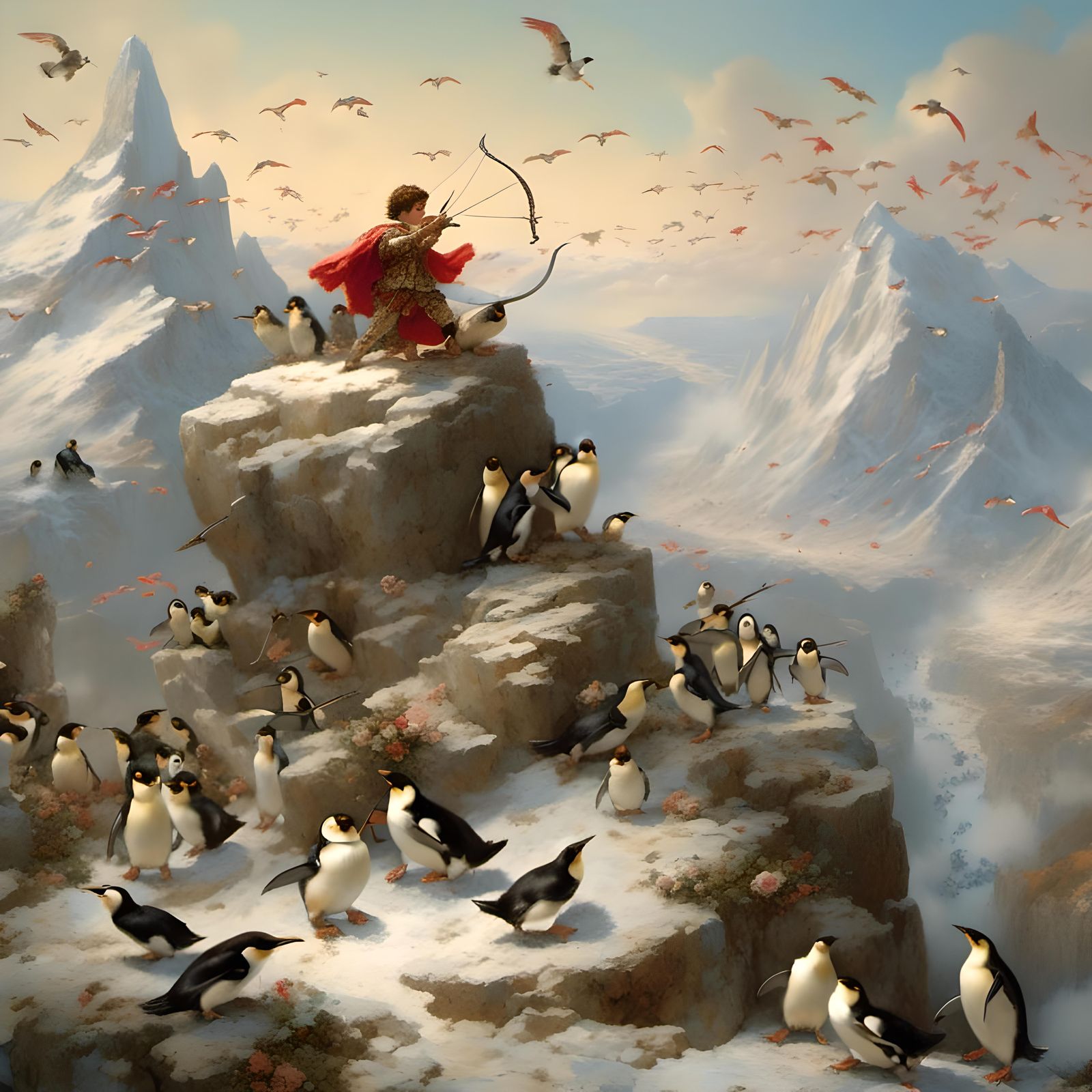 Cupid on a Mountain with Penguins and Hearts