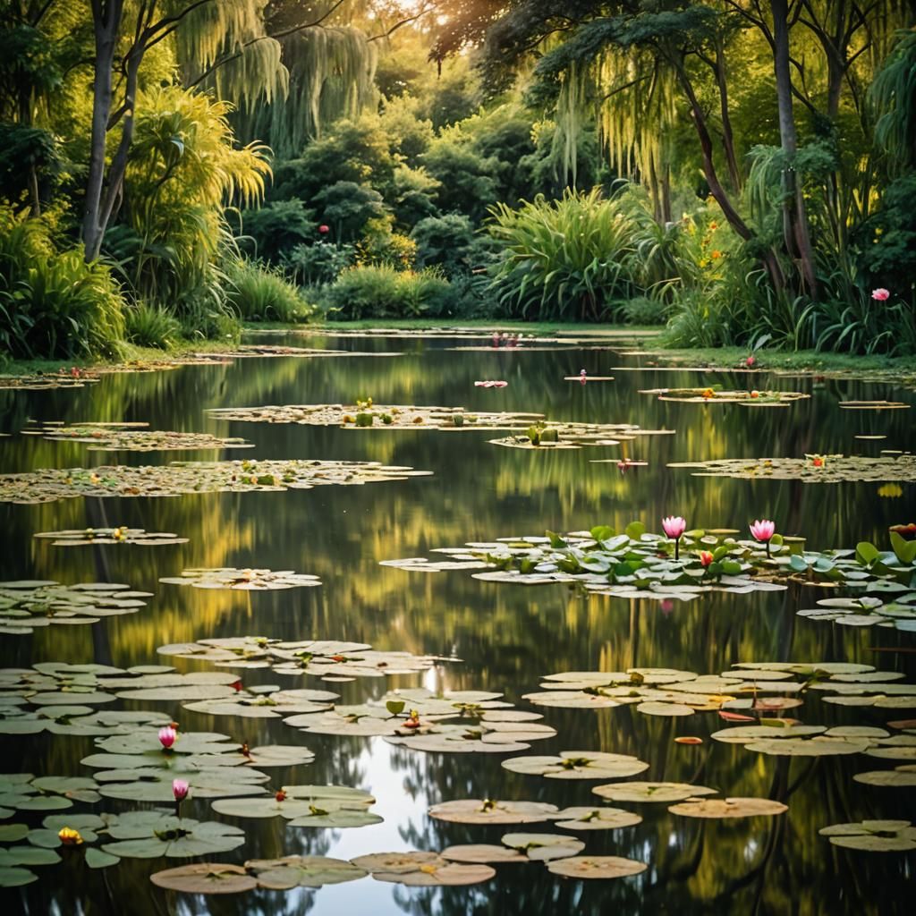 Serene Pond Reflecting Impressionist Landscape Art