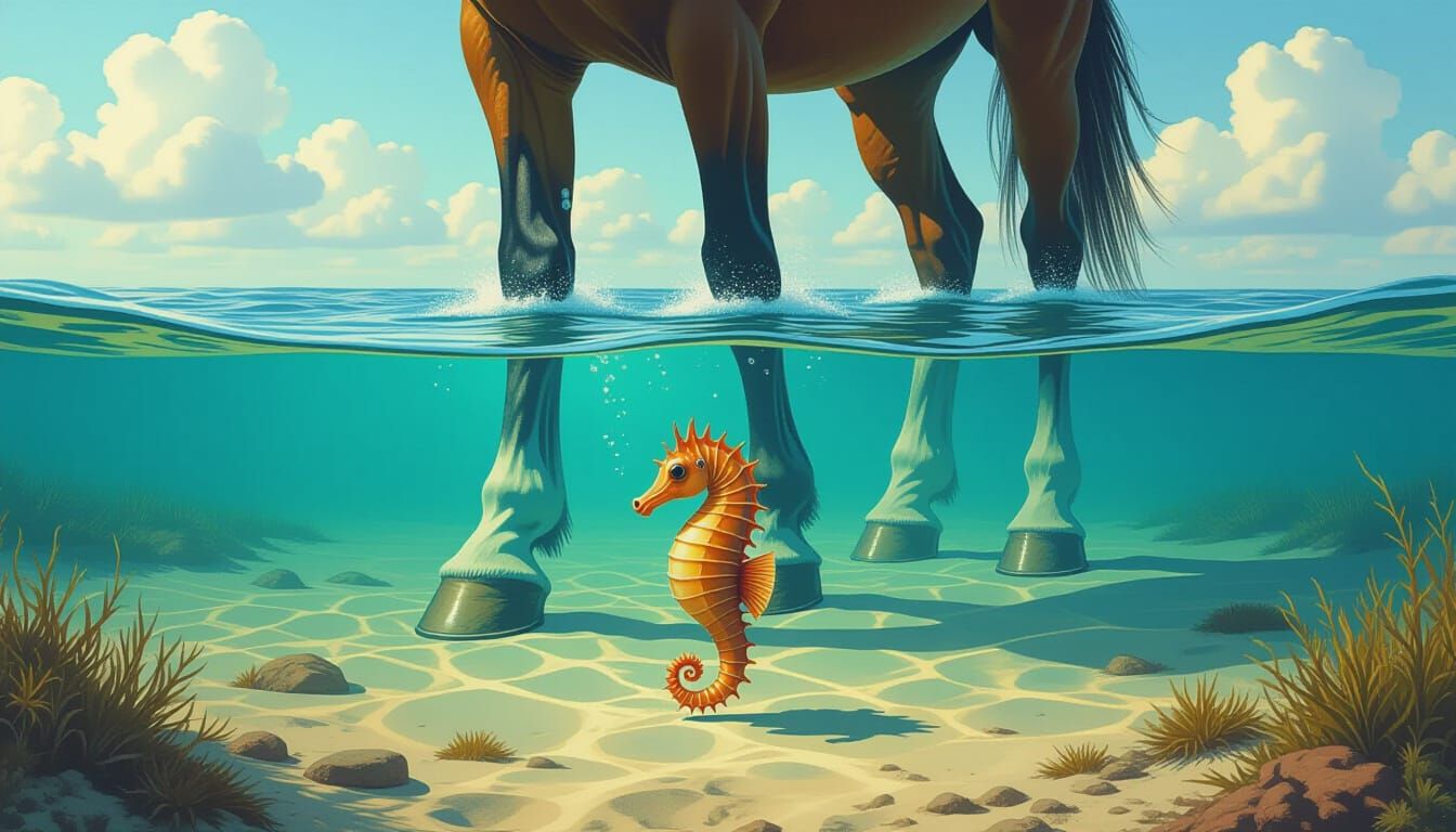 Whimsical Underwater Seahorse Amidst Giant Horse Legs