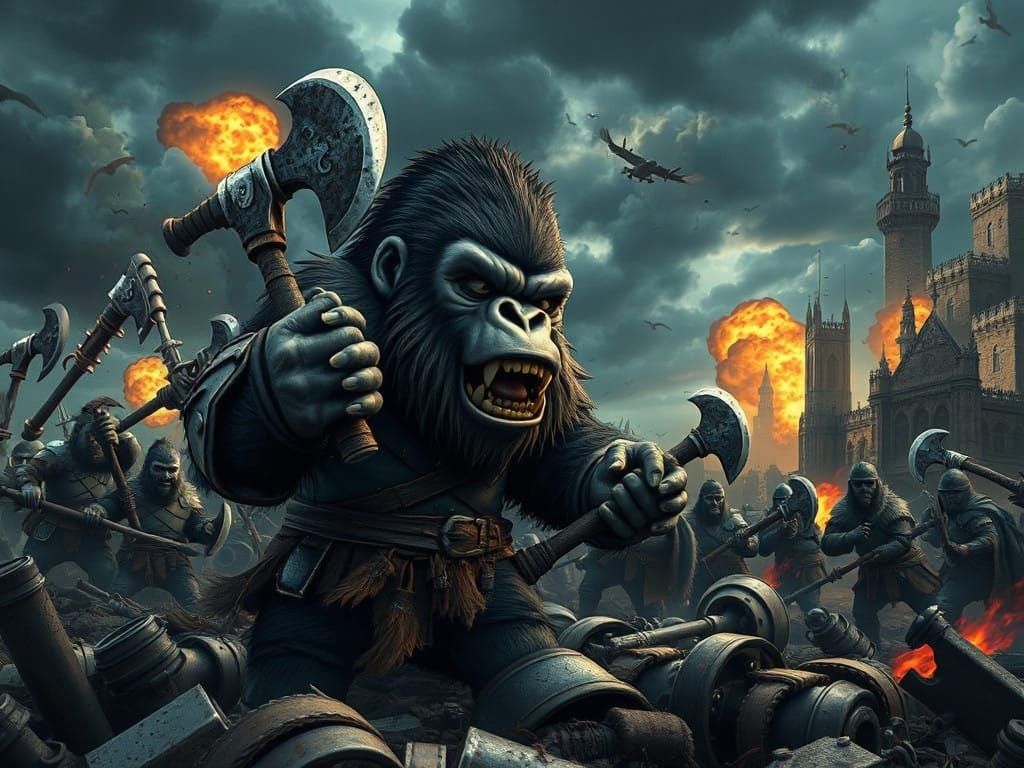 Warrior Gorillas Conquer York in Dark Fantasy Battle Scene