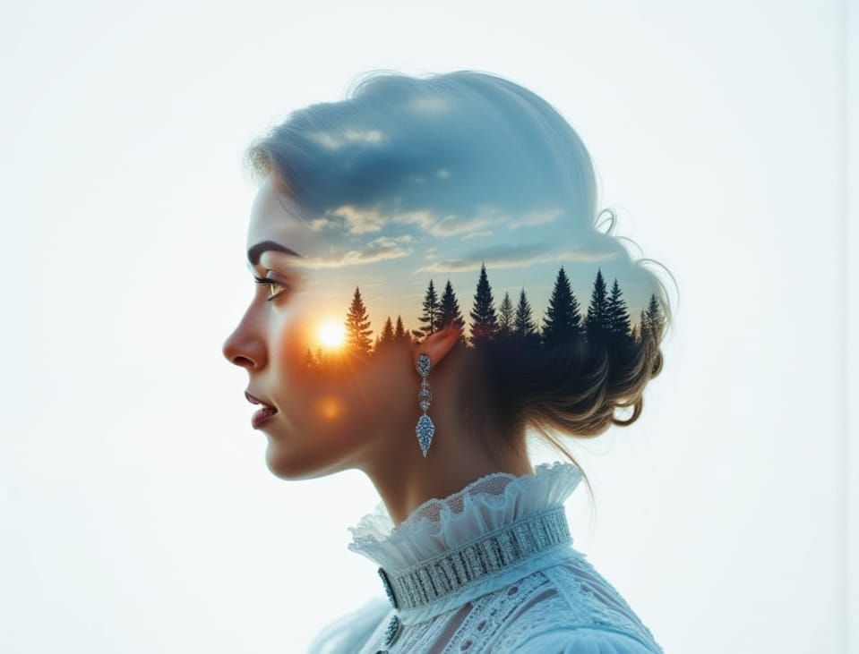 Victorian Woman Double Exposure Sunrise Portrait