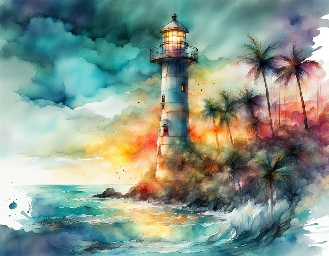 Tropical Seascape Sunset: Watercolor Lighthouse Illustration