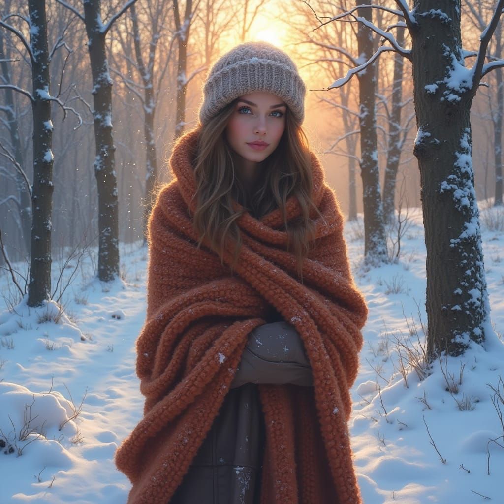 Serene Woman in Snowy Forest at Sunrise