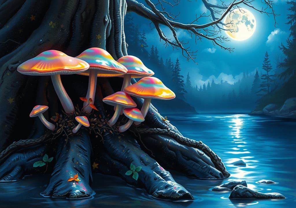 Iridescent Rainbow Mushrooms Reflect Moonlight: Fantasy Art