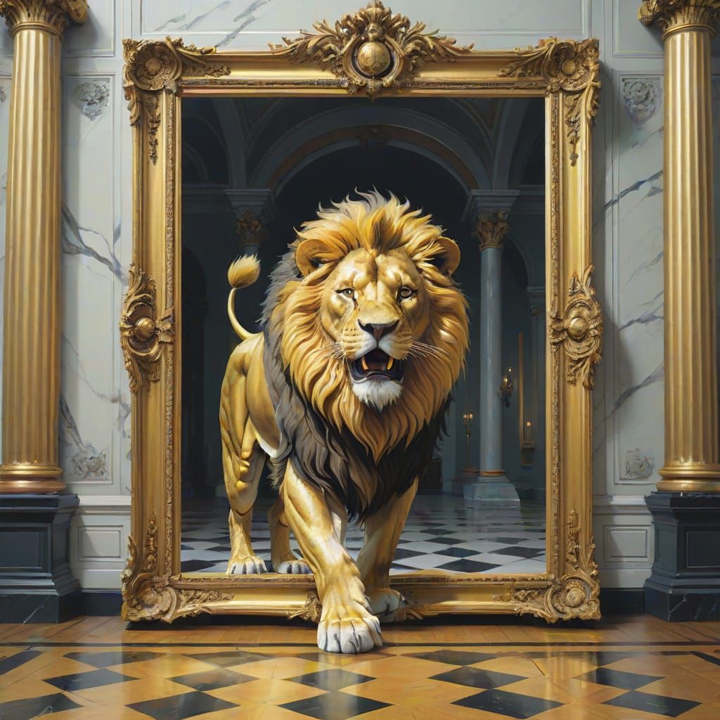 Regal Lion Emerges from a Gilded Frame in Surreal Museum Set...