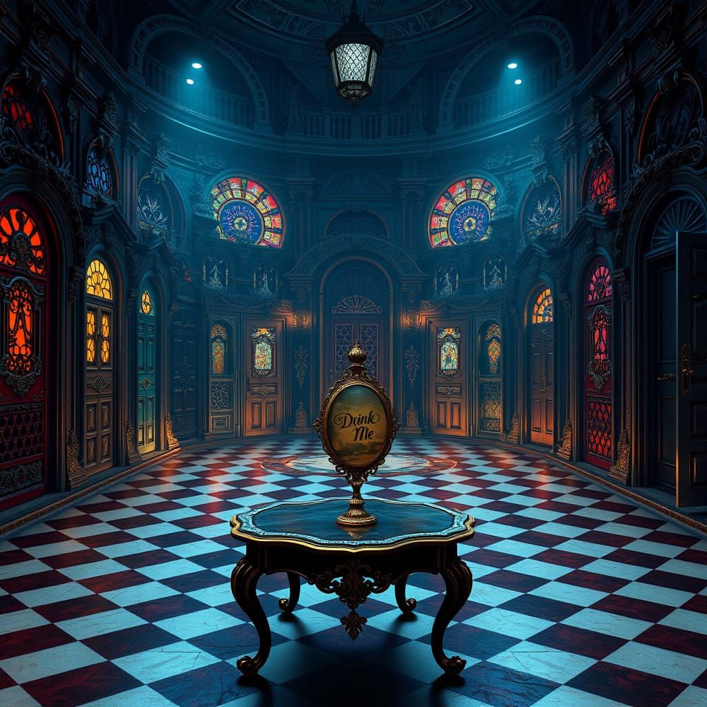 Ethereal Chamber with Whimsical Doors and Mysterious Portal