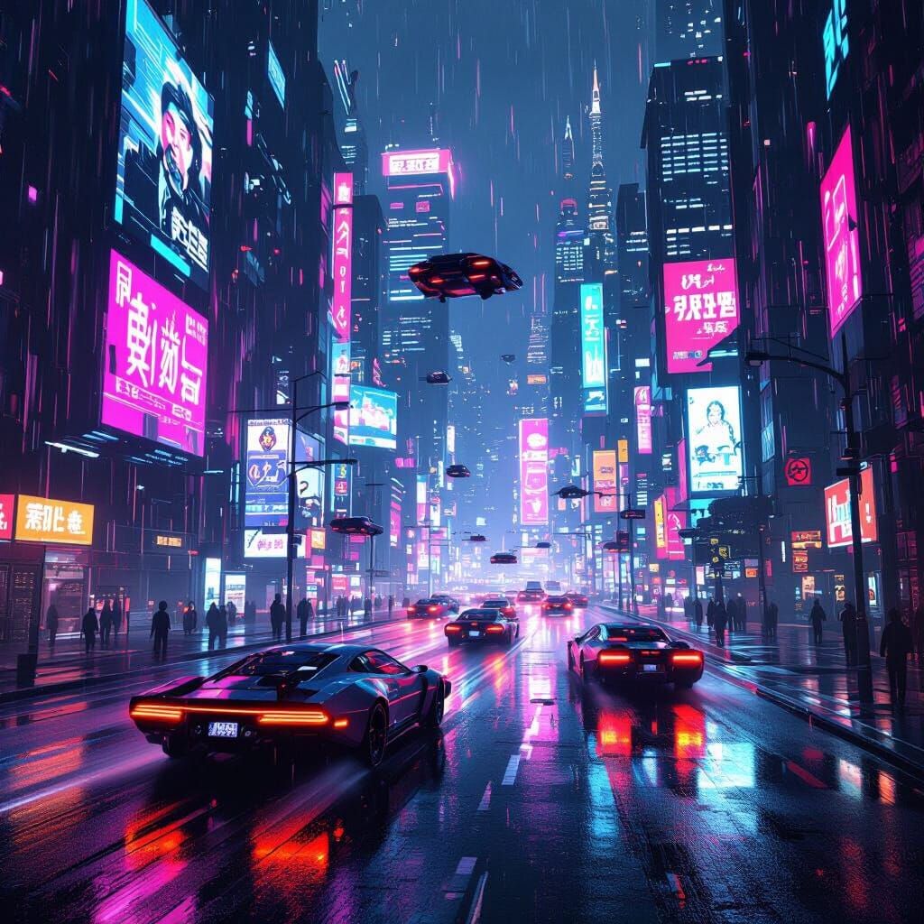 Cyberpunk Cityscape with Flying Cars in Neon Style