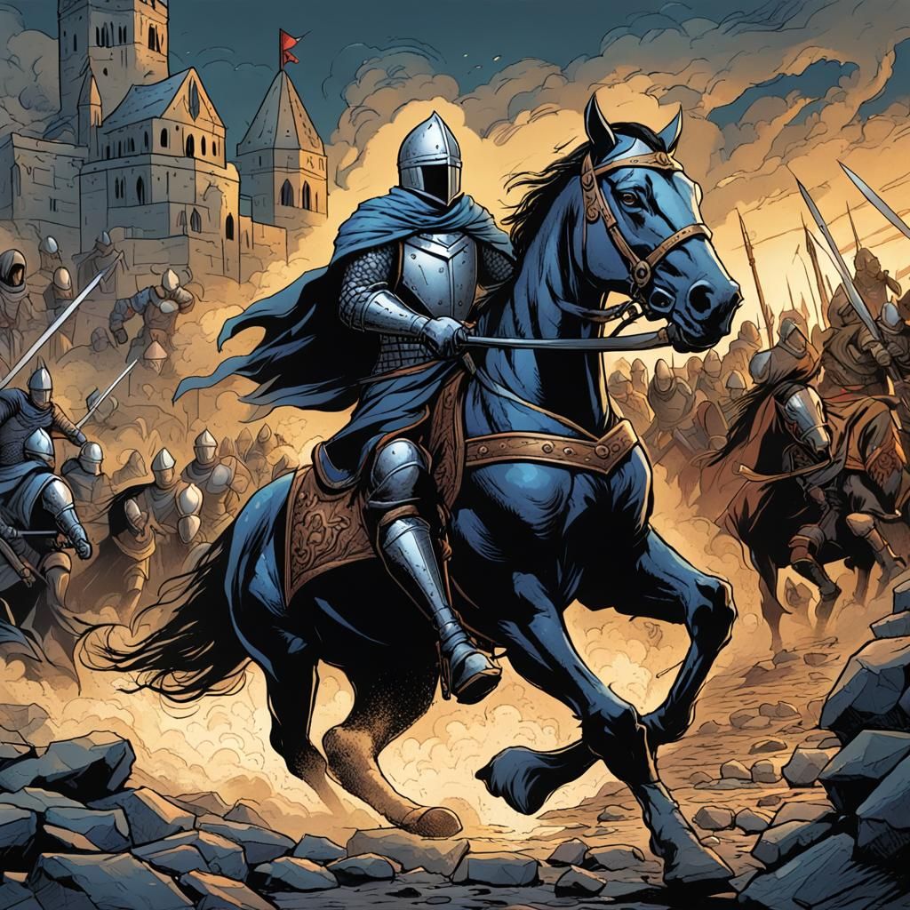Knight on Horseback in Medieval Battle, Comic Art