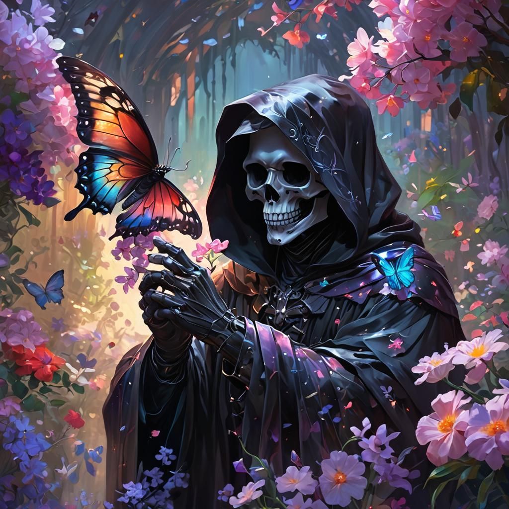Grim Reaper in Bloom, Surreal Digital Art