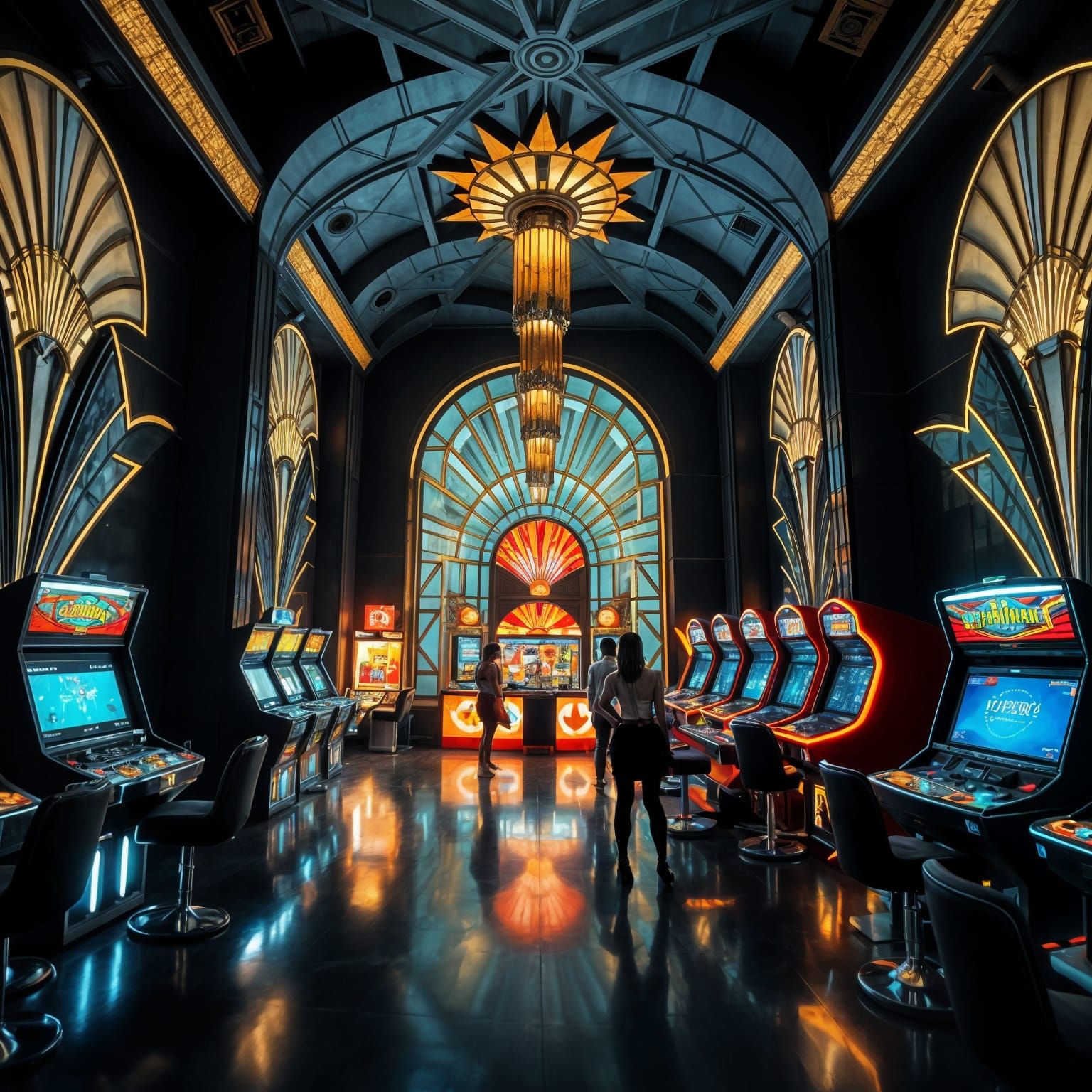 Art Deco Arcade Gaming Room with Dancers