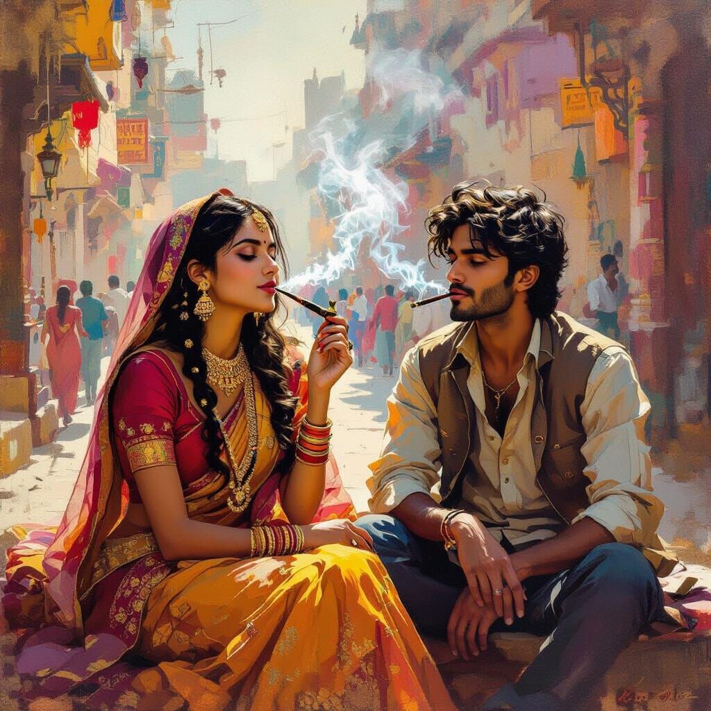 Indian Girl Smoking Hookah in Vibrant Street Scene