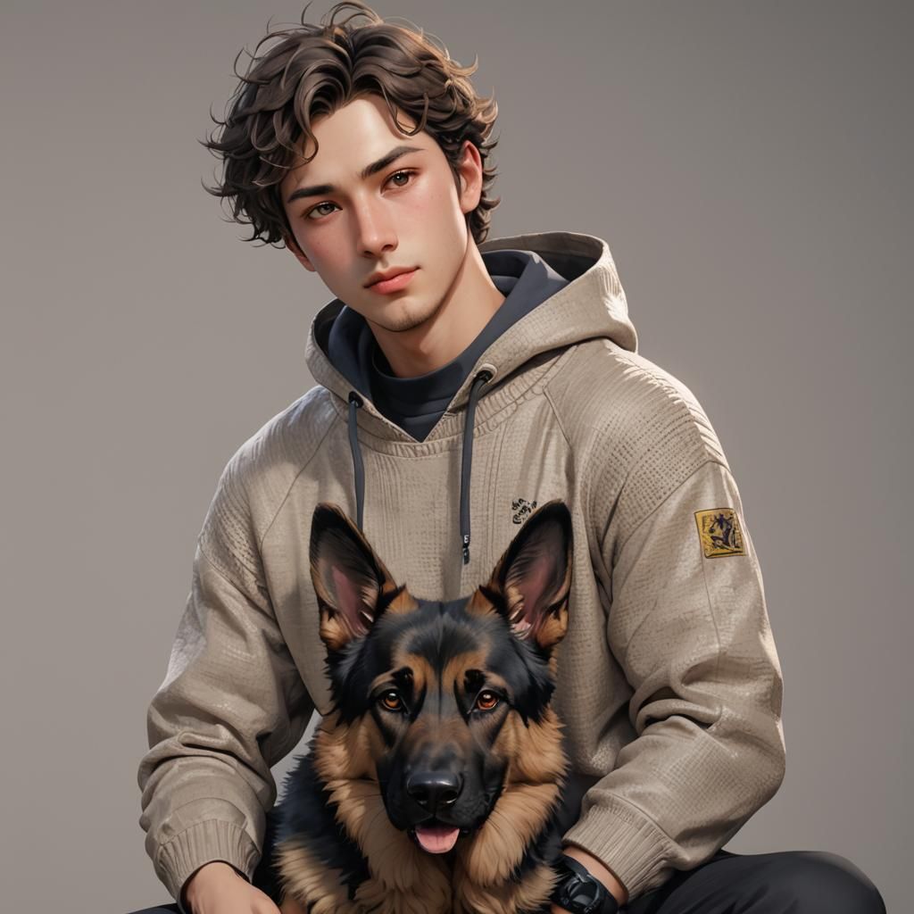 Young Man with German Shepherd in 3D Anime Art
