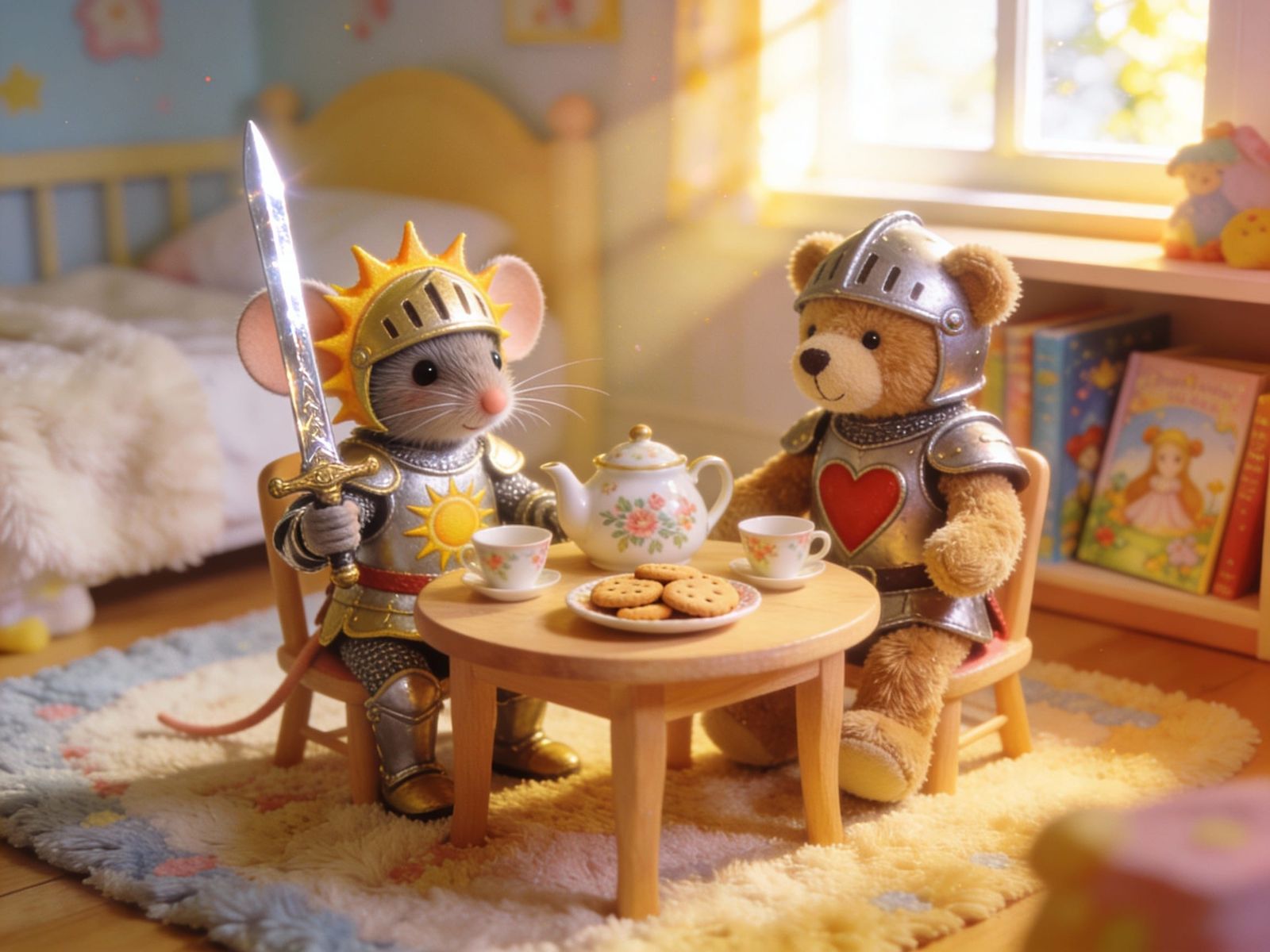 Mouse Knight and Teddy Bear Tea Party in Cheerful Bedroom