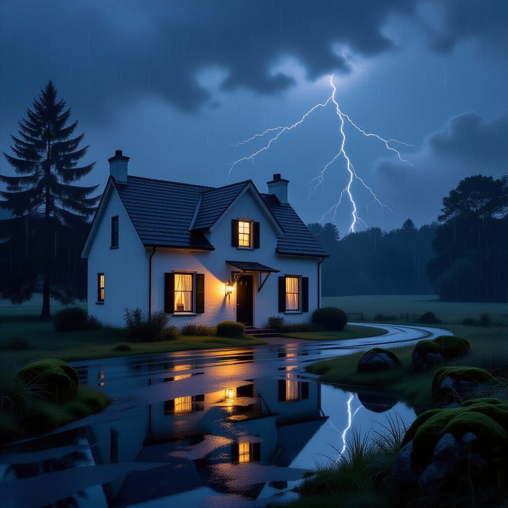Mysterious House in Golden Light Under Rainy Night Sky