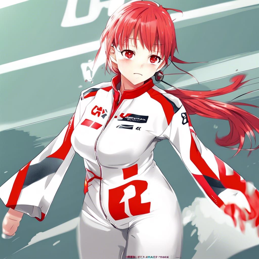 Anime Girl in Racing Outfit with Red Hair