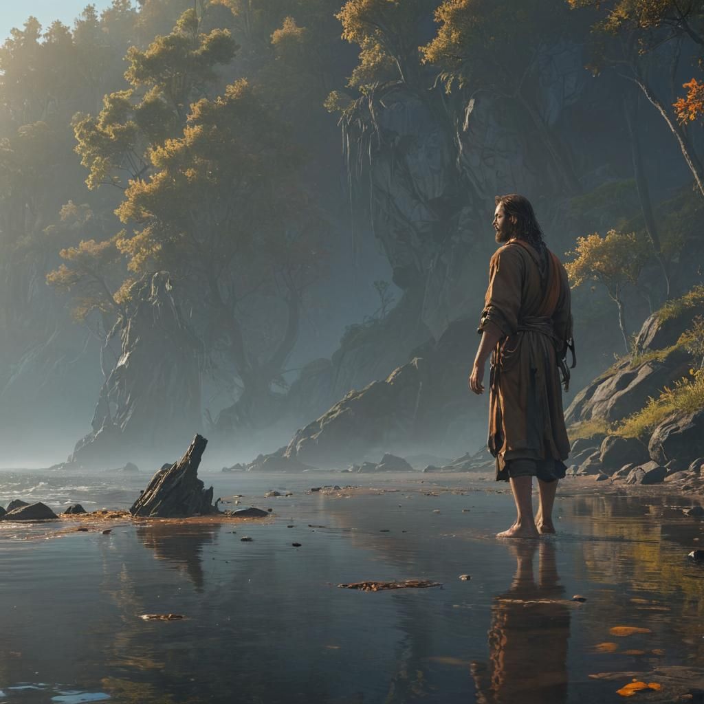 Jesus Walks on Shore: Fantasy Concept Art