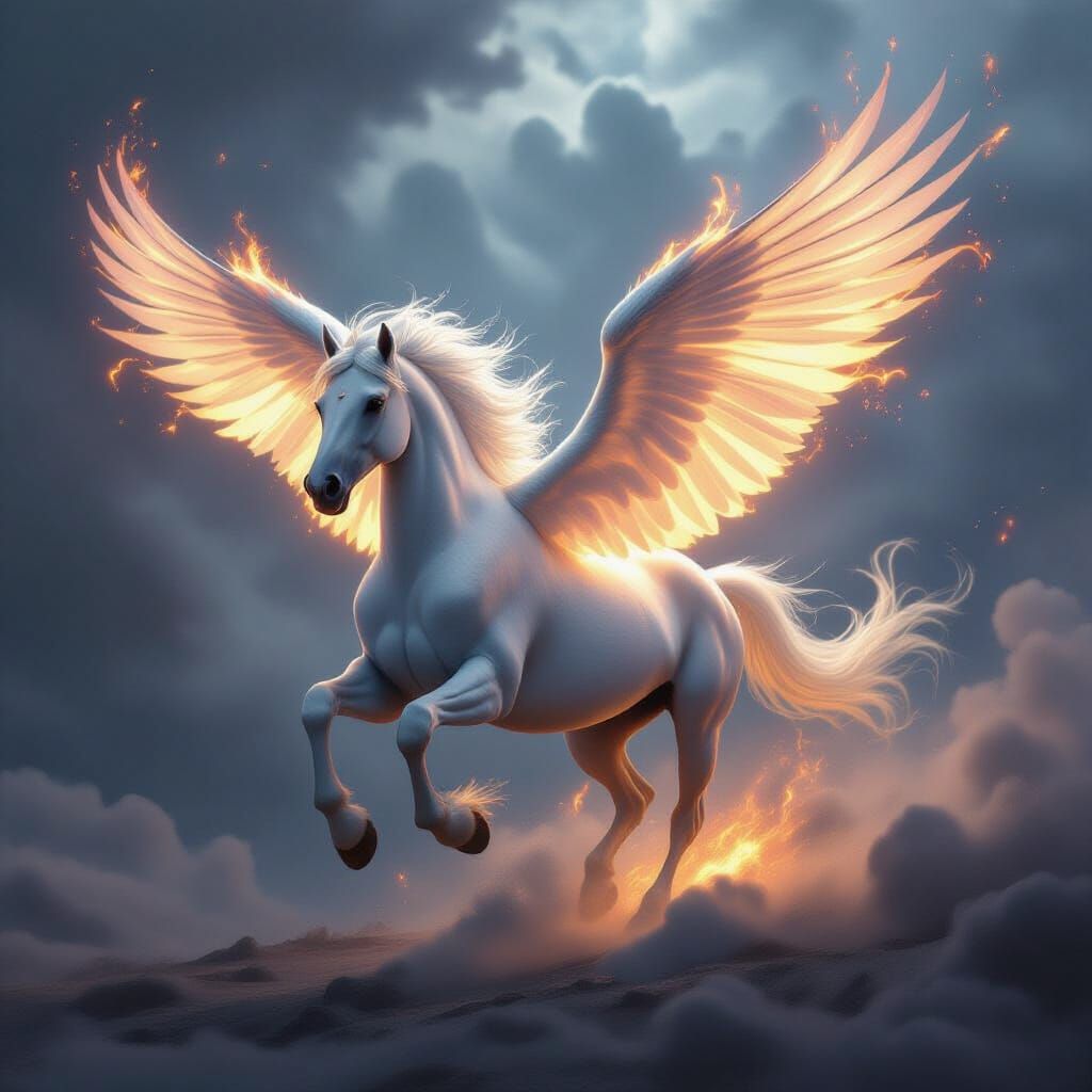 Fiery Winged Horse Galloping Through Stormy Sky