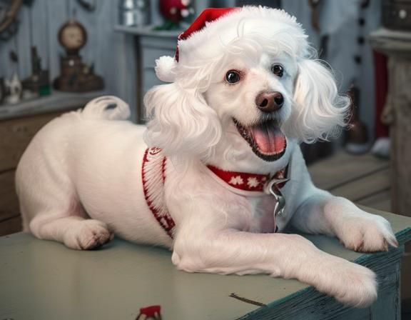 Dog in Santa Hat in Workshop