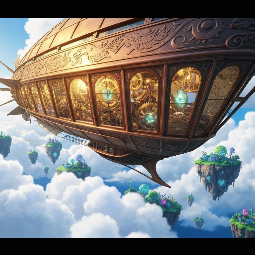 Hummingbird Steampunk Airship Soaring in Anime Sky