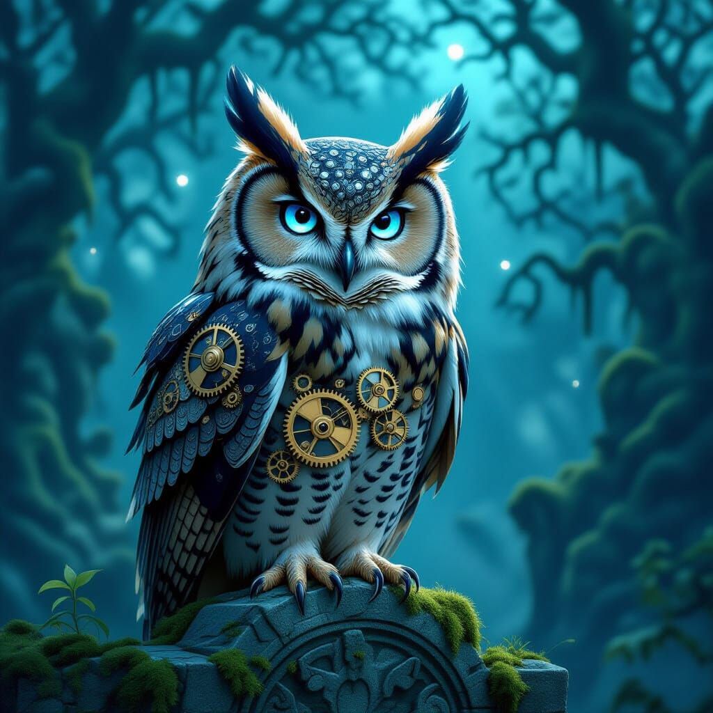 Clockwork Owl on Ancient Ruins in Twilight Forest