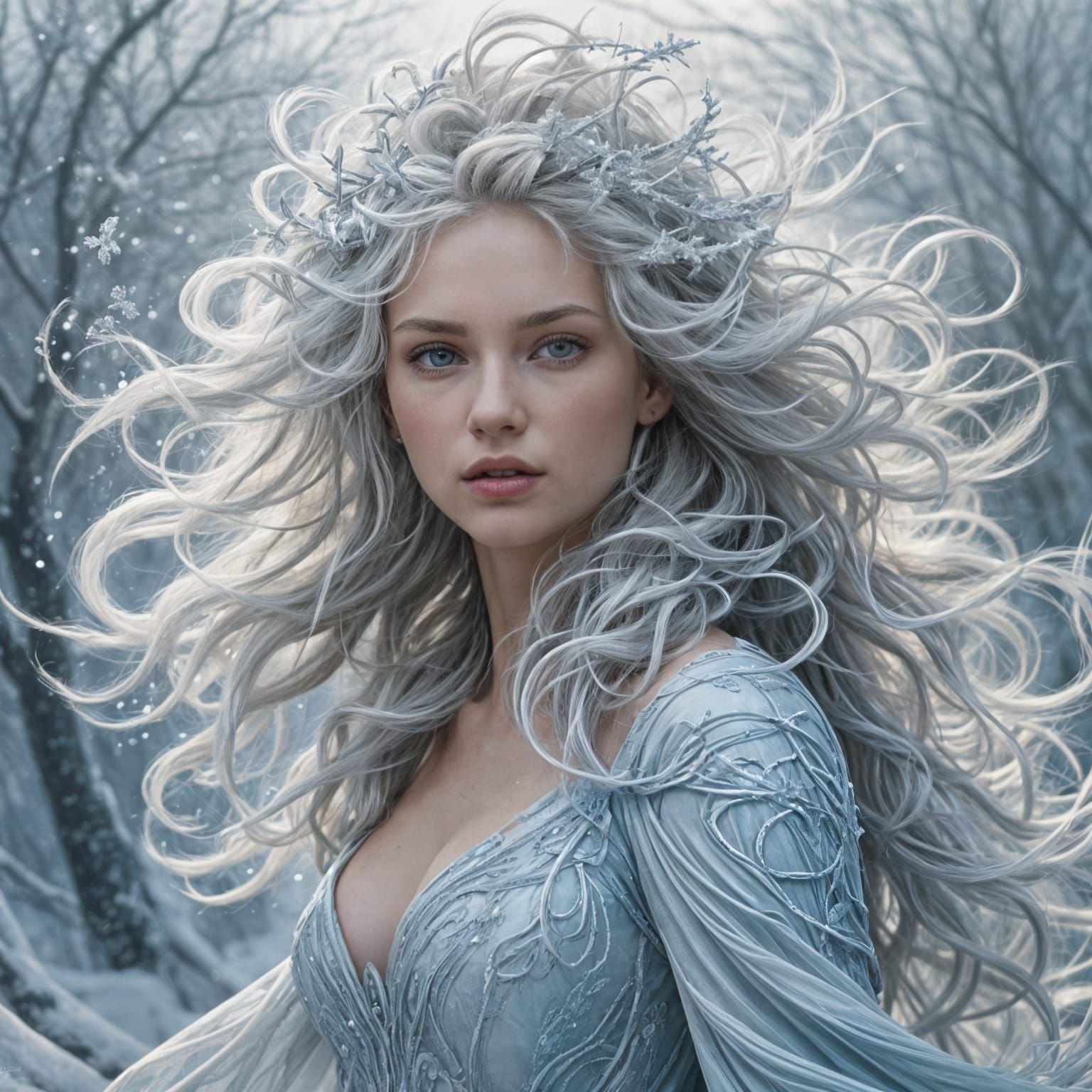 Ethereal Snowstorm Hair Portrait in Digital Painting Style