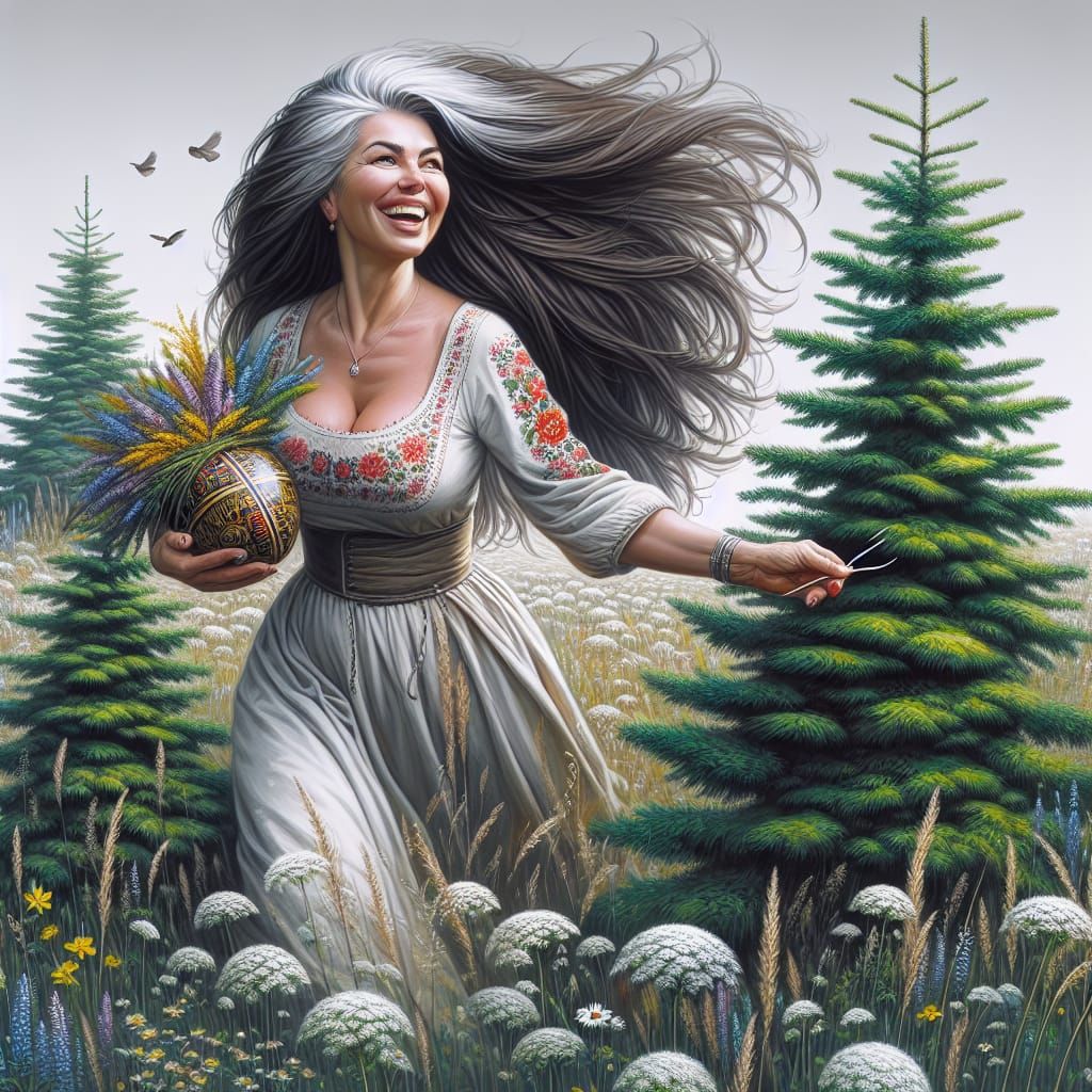 Joyful Woman with Pysanka in Wildflower Field