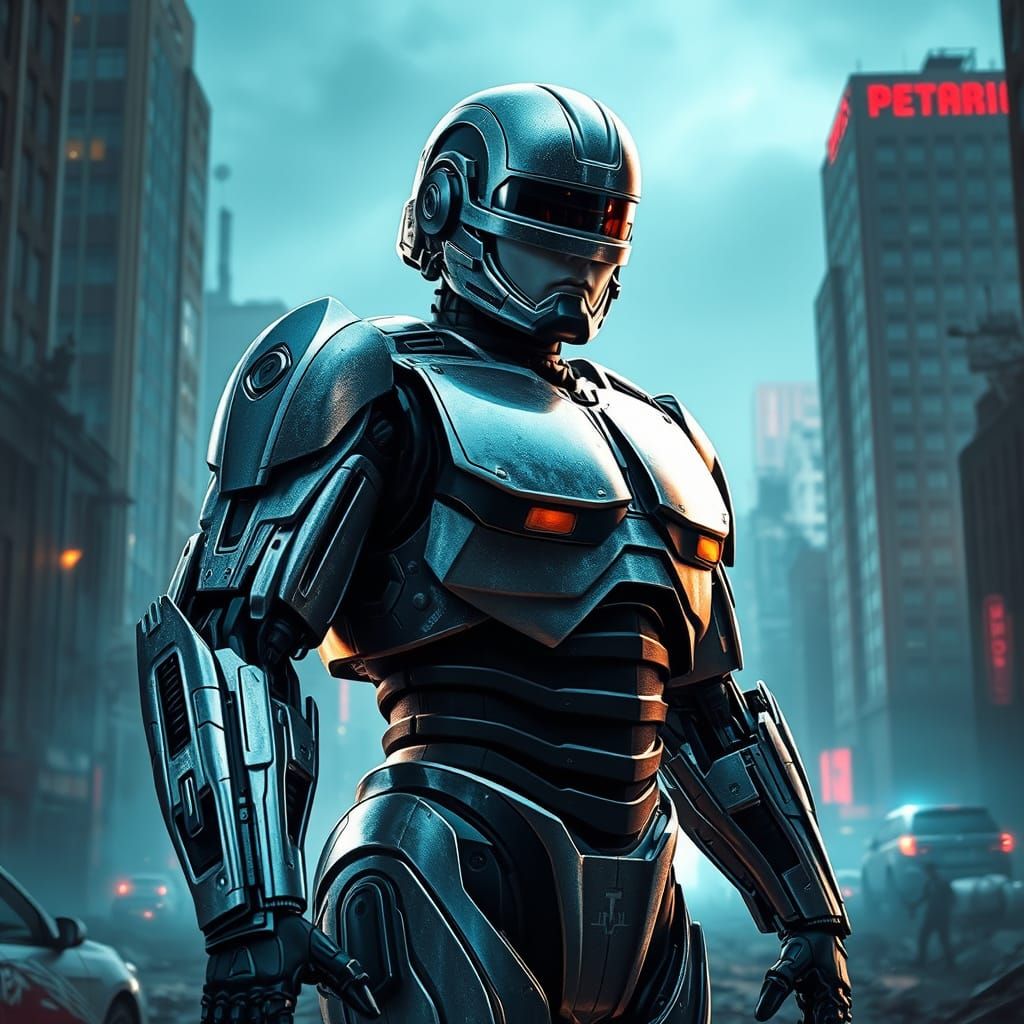 Cyborg Law Enforcement Officer in Dystopian Detroit Cityscap...