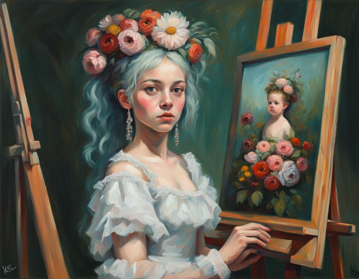Rococo Girl Painting Flowers in Neo-Impressionist Style