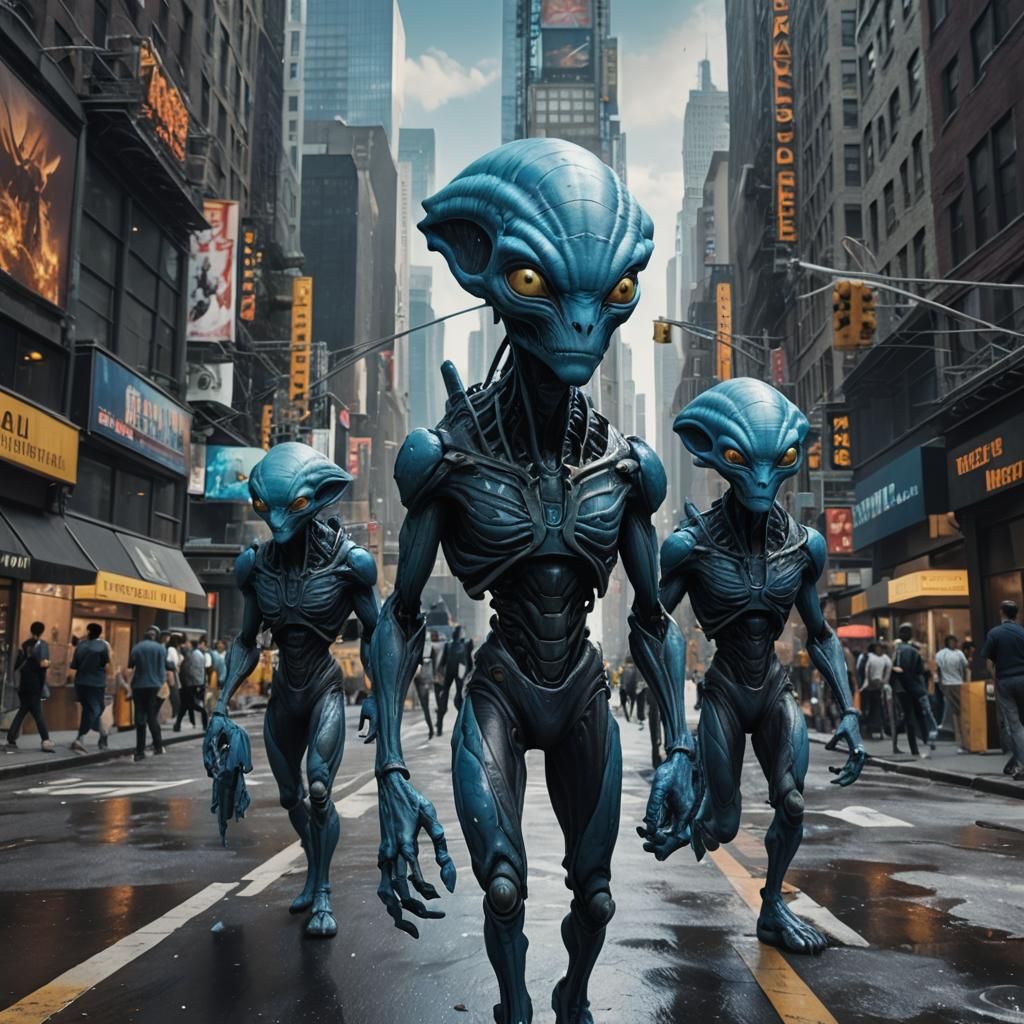 Blue Aliens Walk in New York: Fantasy Concept Art