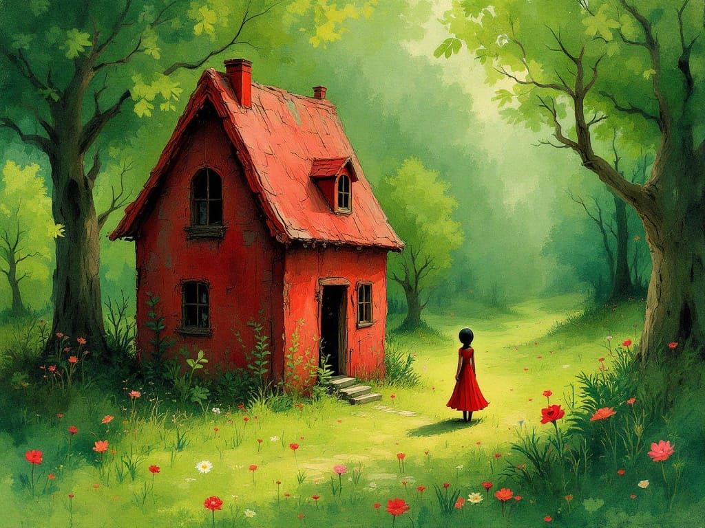 Whimsical Red House in a Dreamlike Green Forest