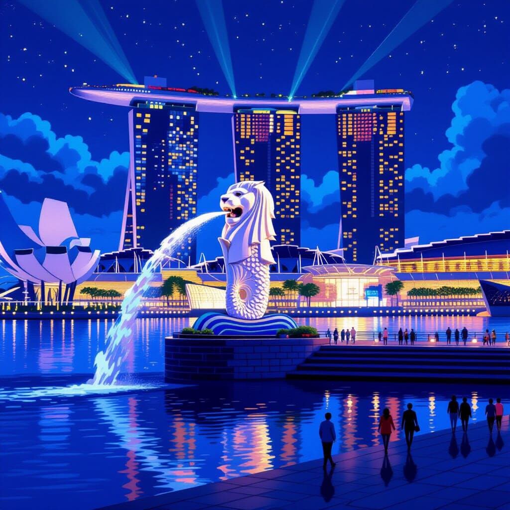 Singapore's Merlion Statue with Waterfall at Night