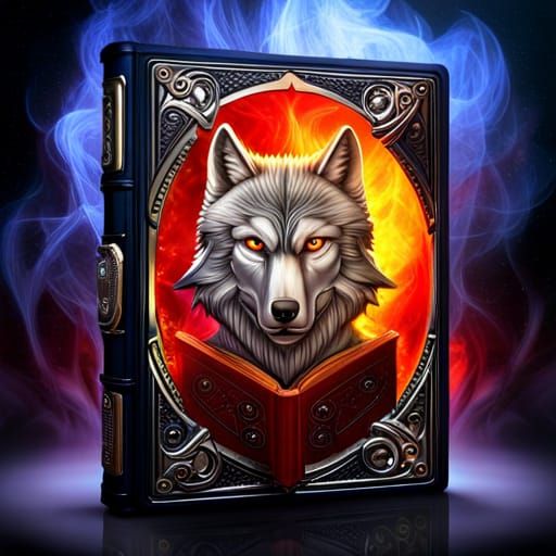 Floating Book of Wolf Magic with Silver Filigree