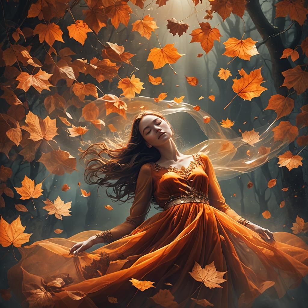 Woman Sleeping on Floating Autumn Leaf in Dreamlike Scene