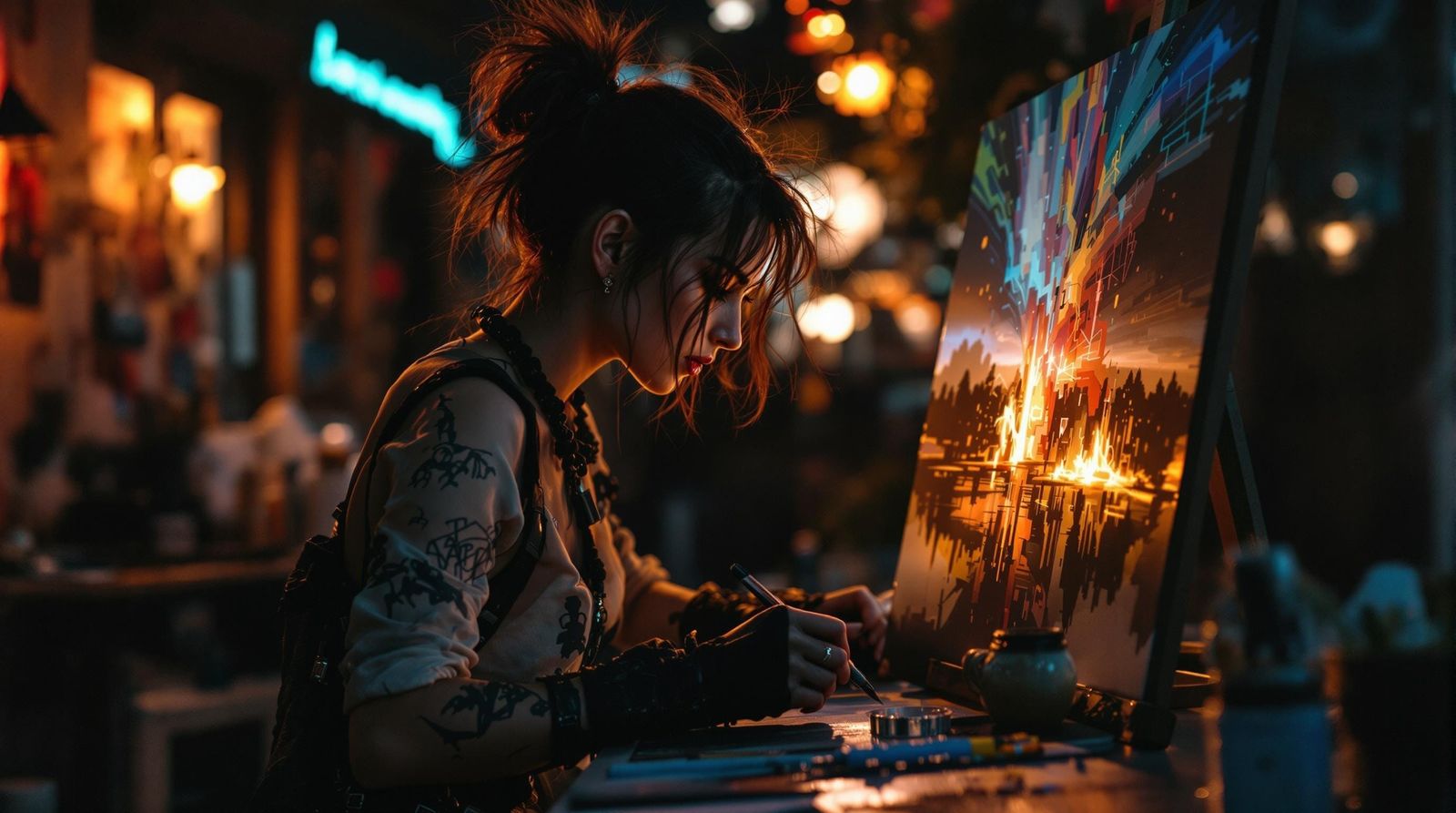 Cyberpunk Artist Captured in Late Evening Glow