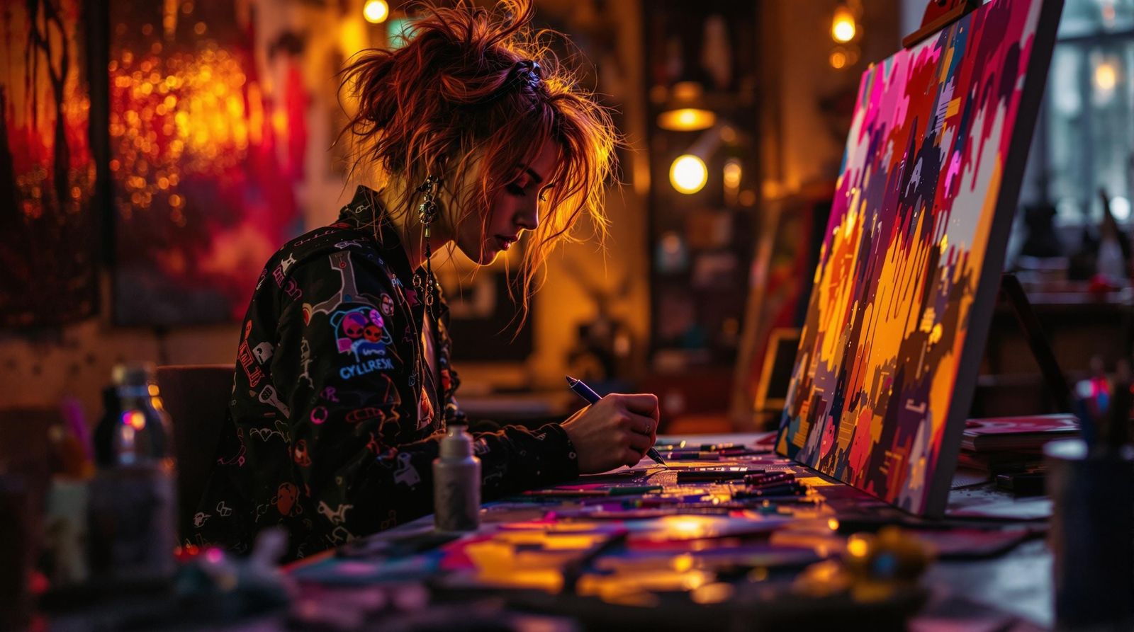 Cyberpunk Artist at Work in Late Evening Light