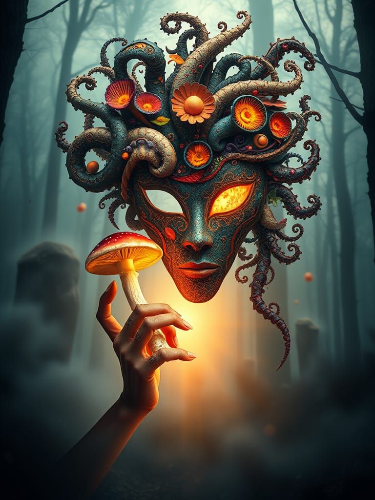 Surreal Cosmic Landscape with Glowing Mushroom