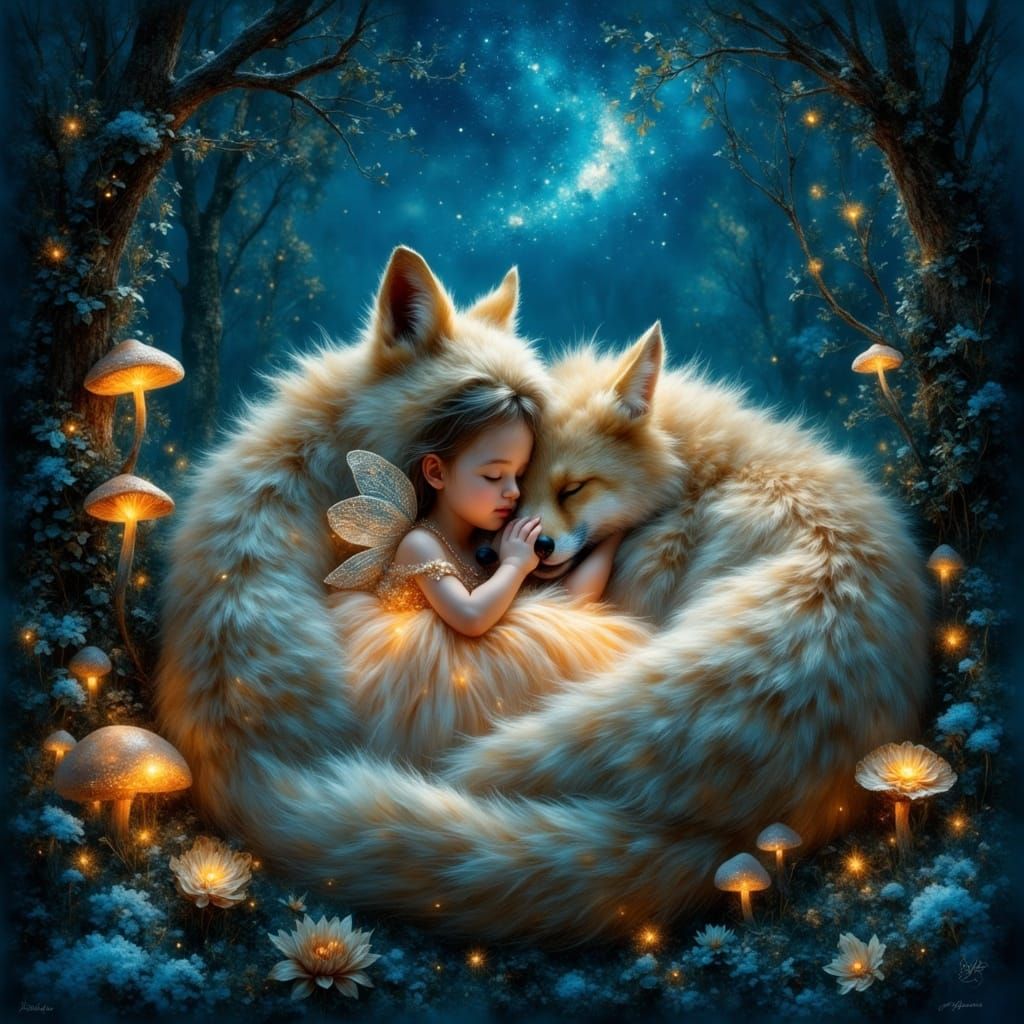 Fairy Sleeping on Fox in Enchanted Forest