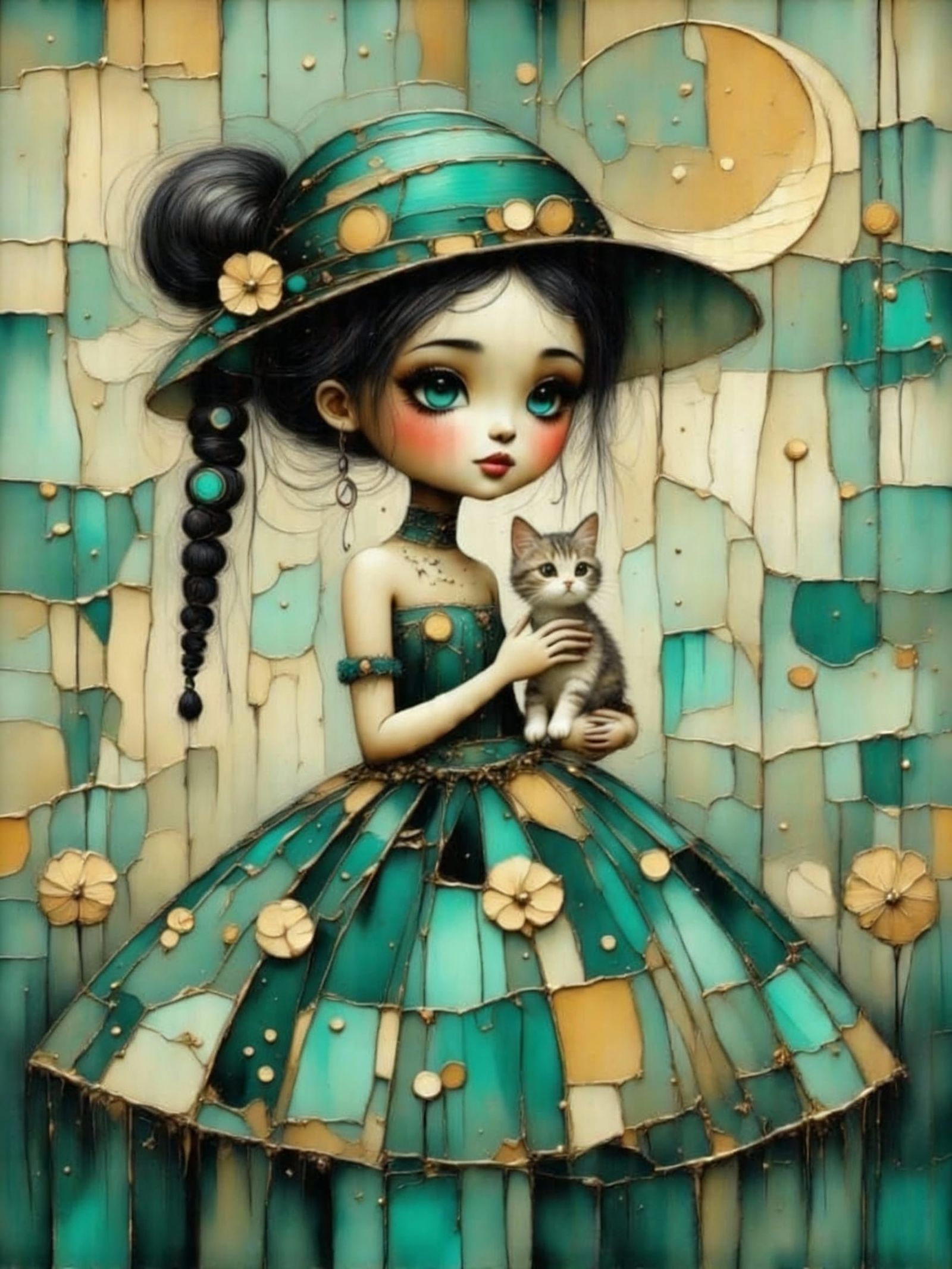 Woman in Turquoise Dress with Toy Penguin