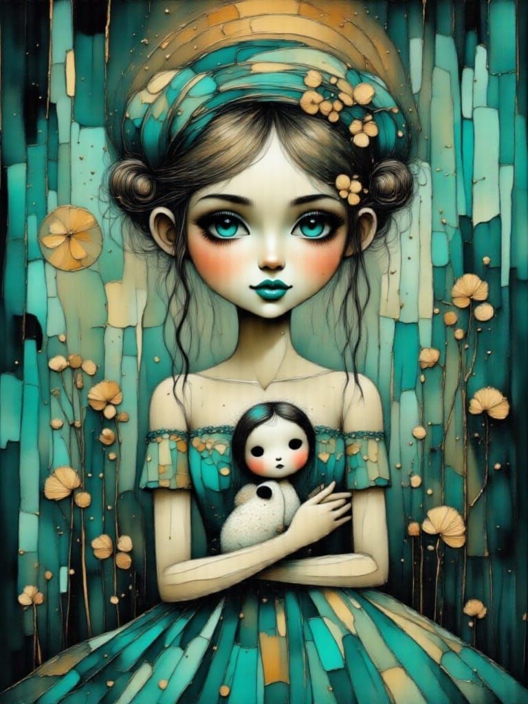 Elegant Woman in Corset Dress Holds Toy Penguin