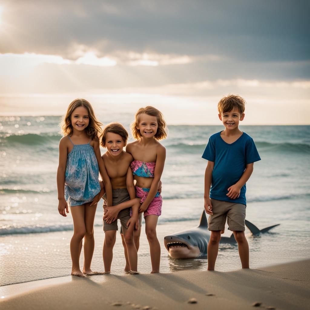 Children's Candid Beach Photo, Shark Photo-Bomb