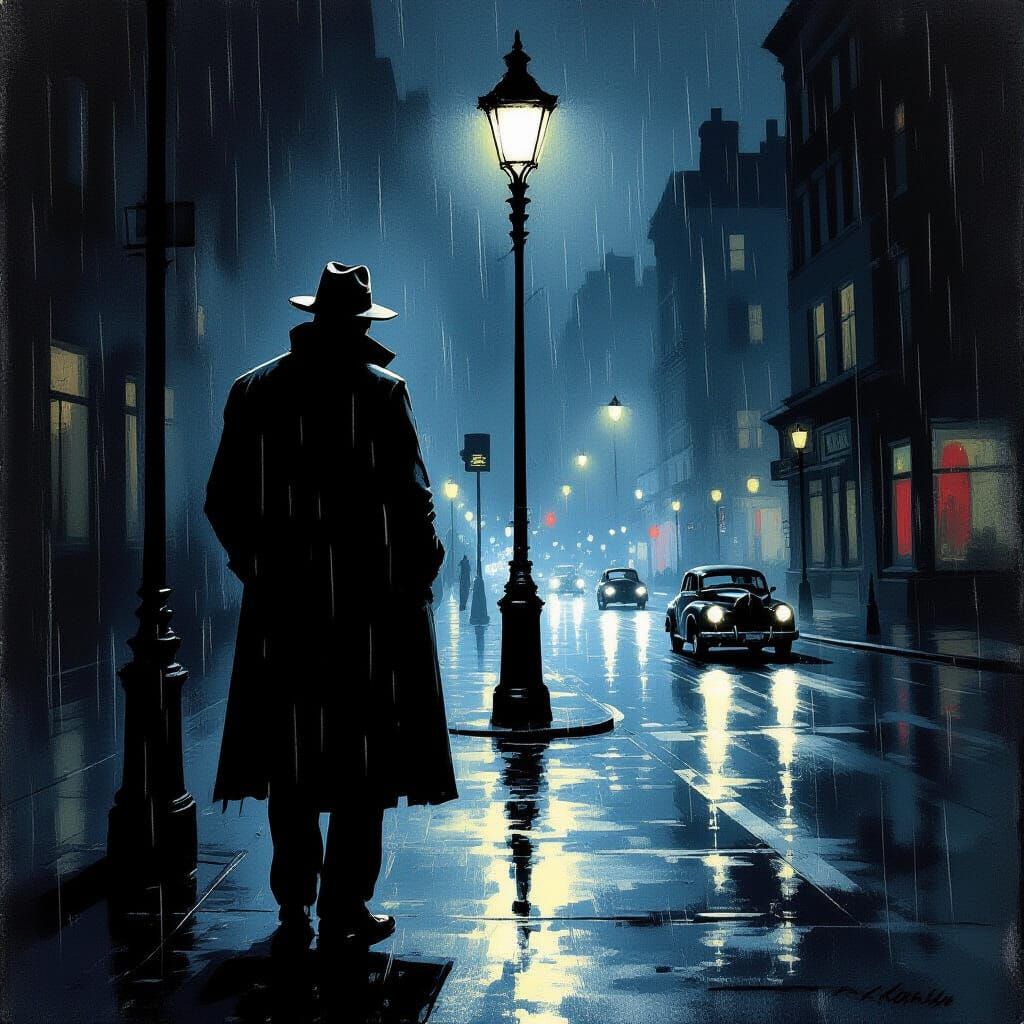 Noir Scene: Man in Trench Coat on Dark Street