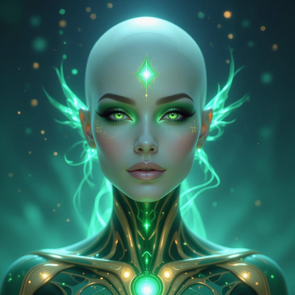 Futuristic Celestial Queen Portrait with Emerald Skin