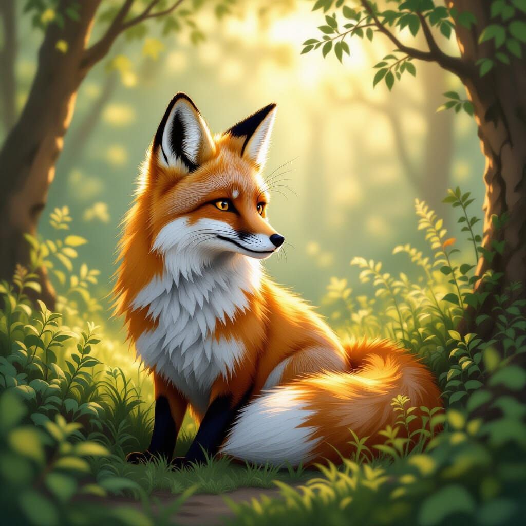 Serene Fox in Lush Greenery, Whimsical Style