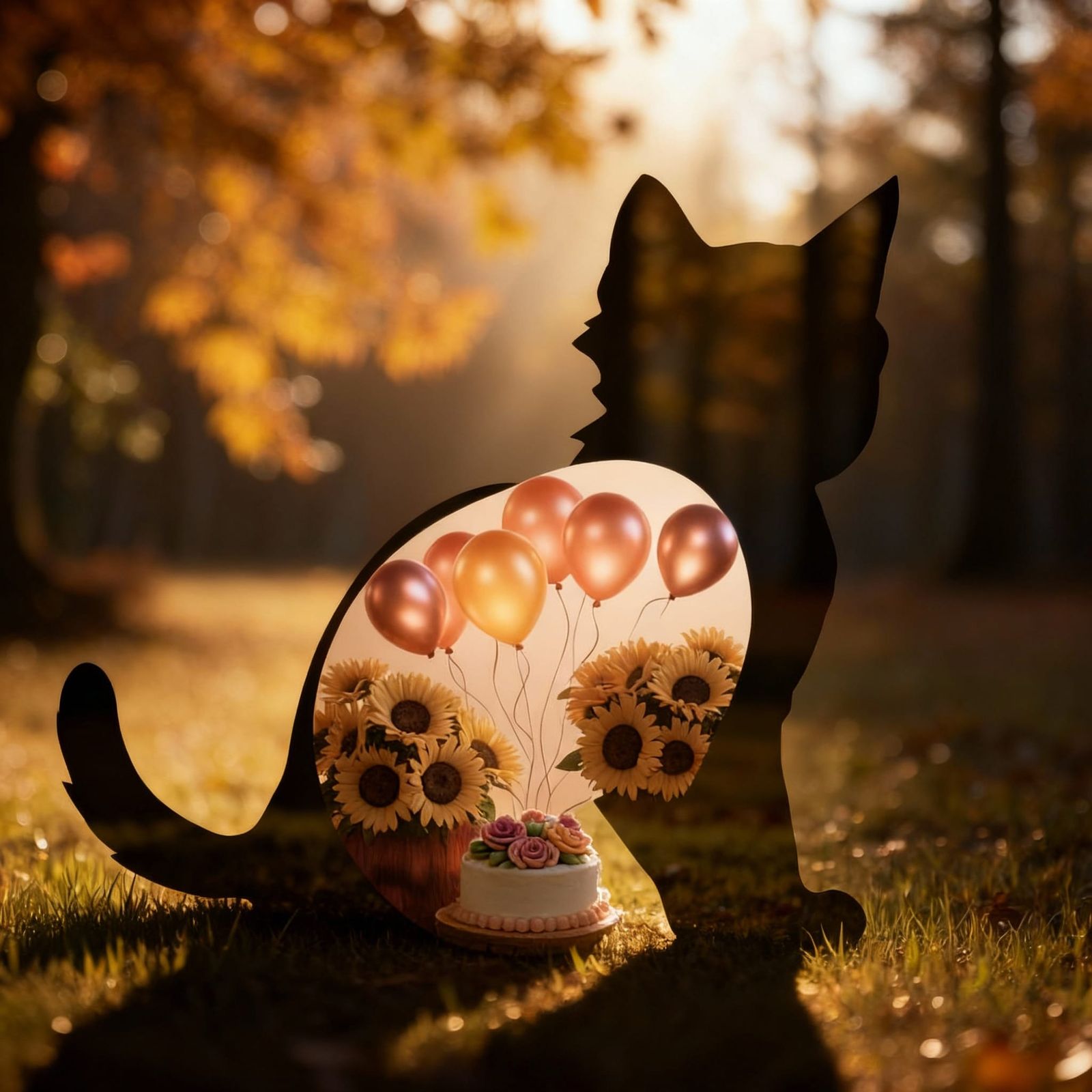 Kitten Silhouette Double Exposure Over Birthday Party in Gol...